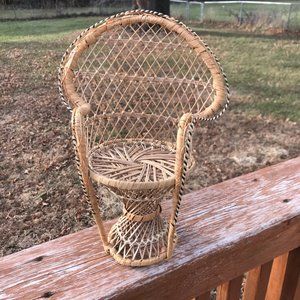Vintage 13” peacock wicker chair planter doll basket